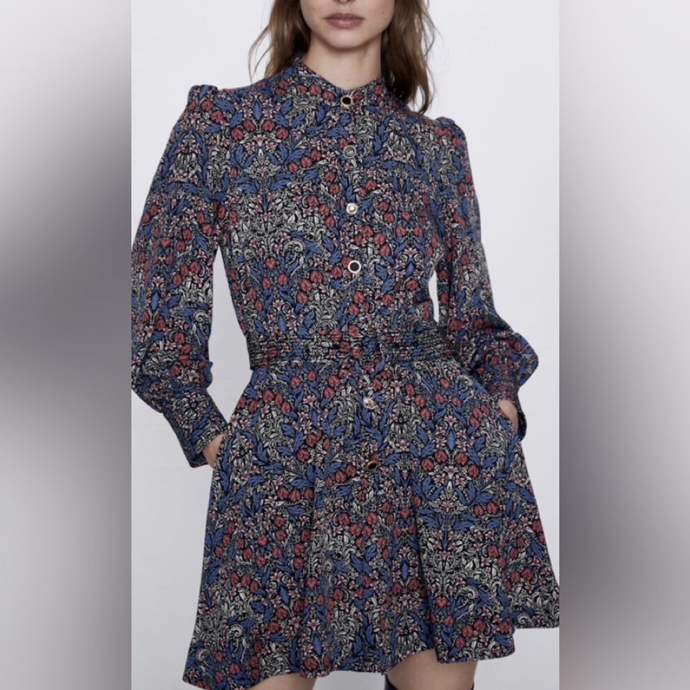 Zara Floral Long Sleeve Dress in Blue and Red